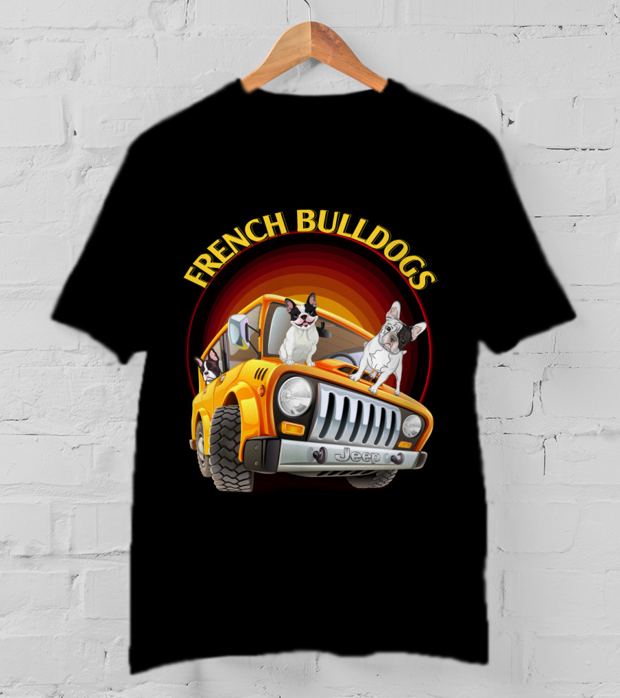 French Bulldogs In Orange Jeep T-Shirt