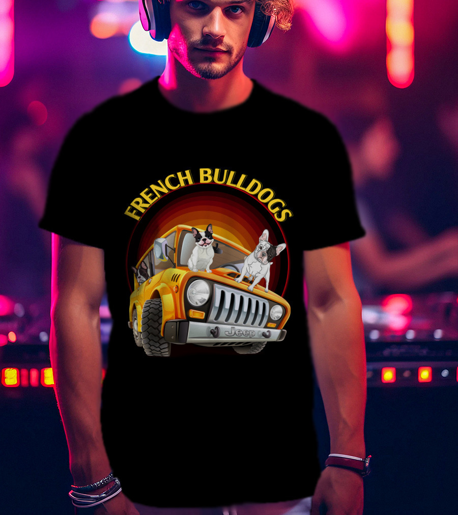 French Bulldogs In Orange Jeep T-Shirt