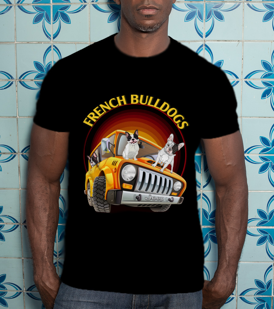 French Bulldogs In Orange Jeep T-Shirt