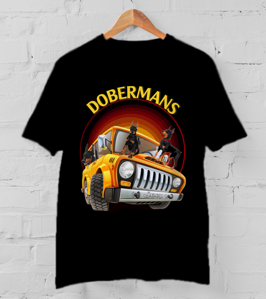 Dobermans Riding Yellow Jeep Adventure T-Shirt