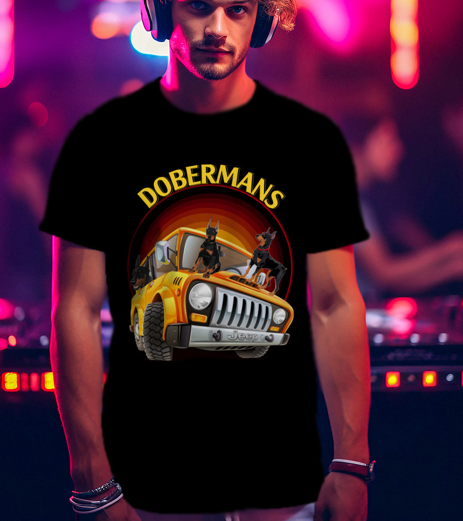 Dobermans Riding Yellow Jeep Adventure T-Shirt