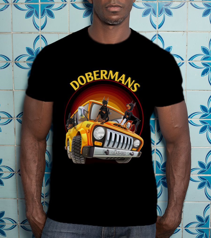 Dobermans Riding Yellow Jeep Adventure T-Shirt