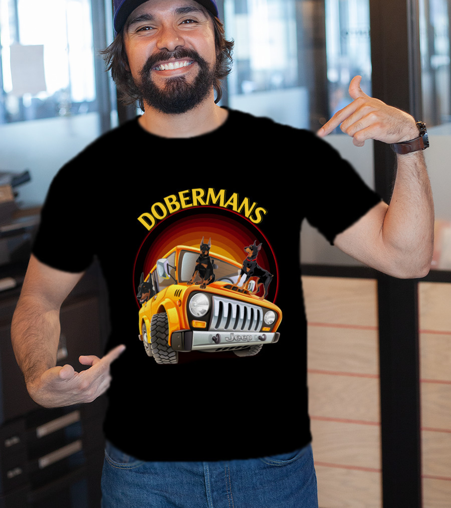 Dobermans Riding Yellow Jeep Adventure T-Shirt