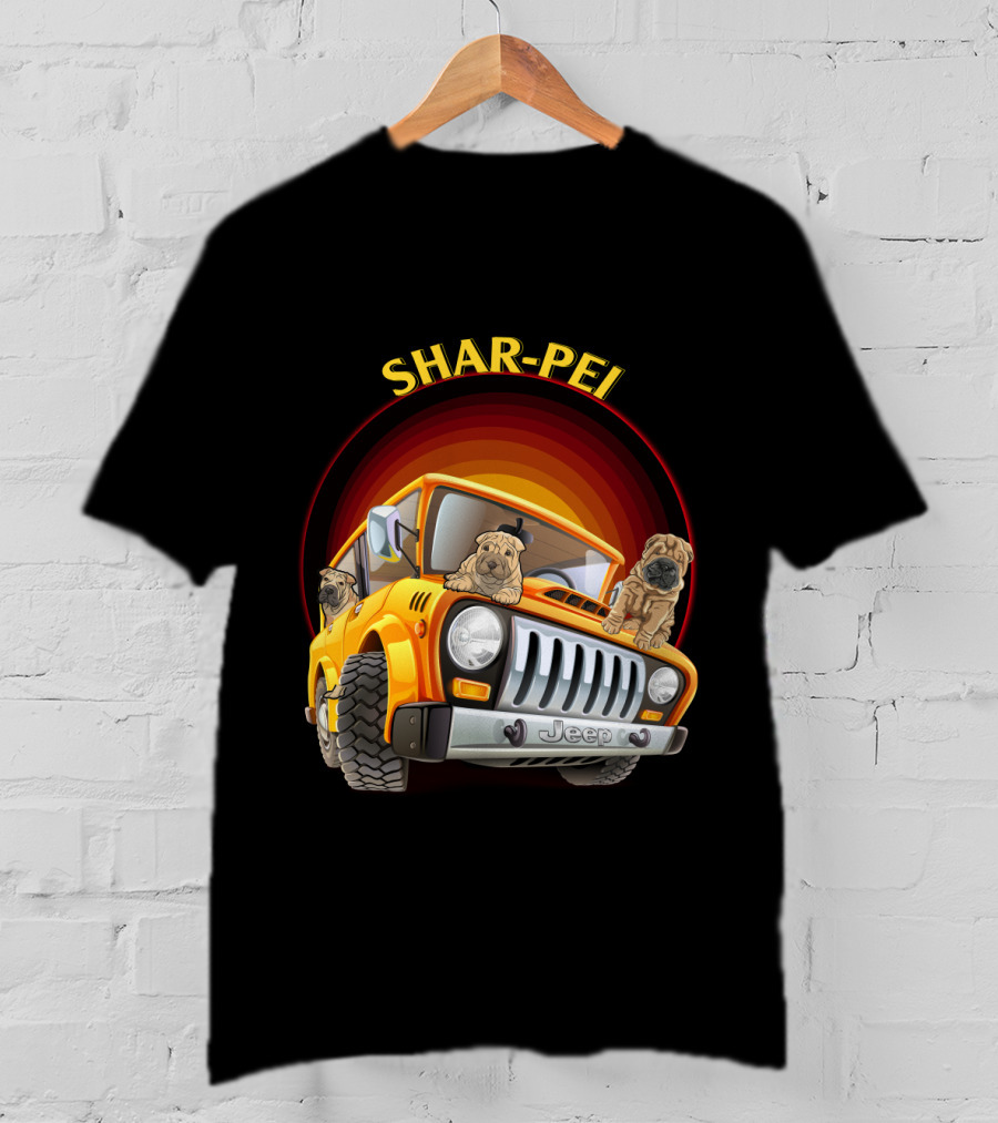Shar-Pei Jeep Orange With Three Puppies T-Shirt