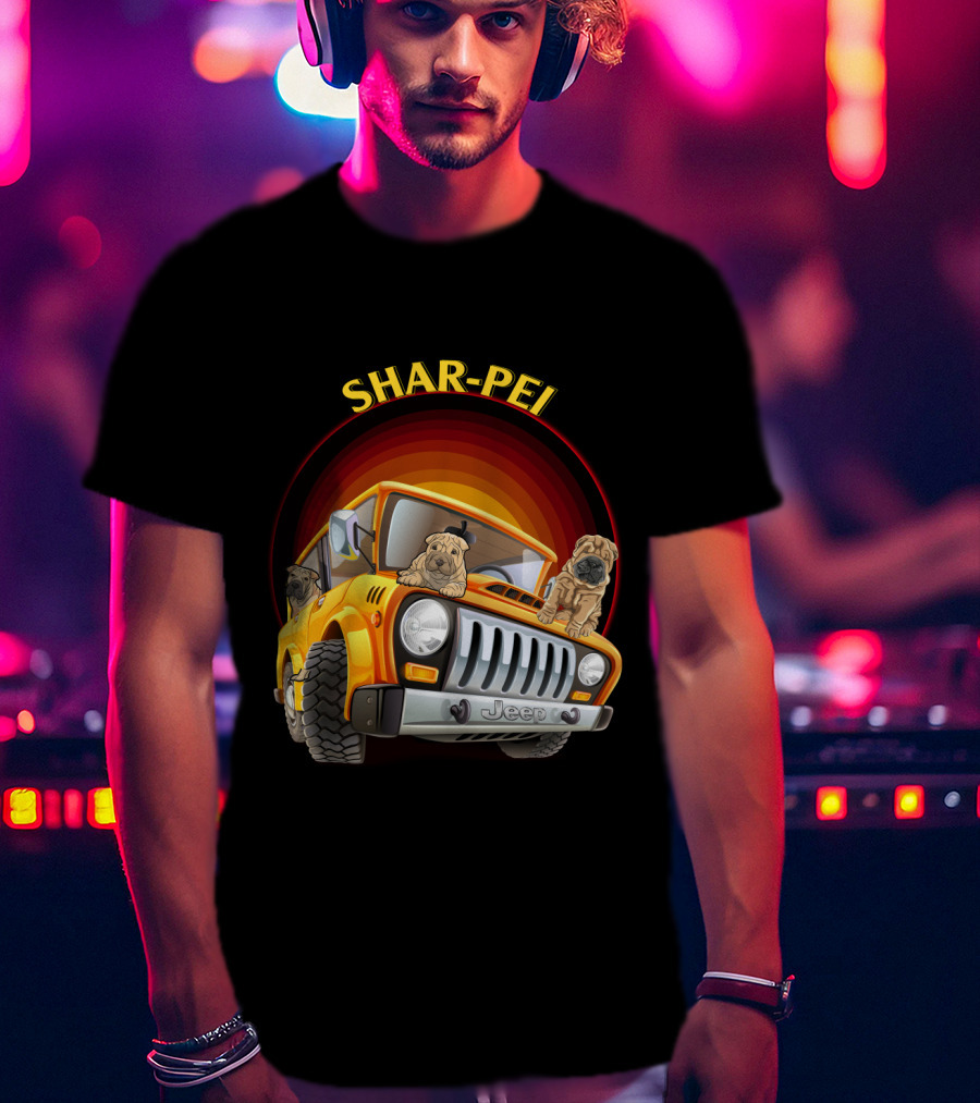 Shar-Pei Jeep Orange With Three Puppies T-Shirt