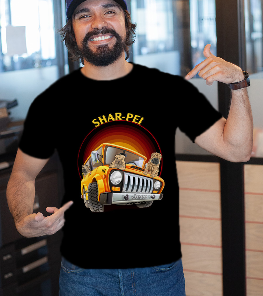 Shar-Pei Jeep Orange With Three Puppies T-Shirt