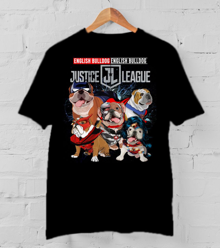 Justice League English Bulldog Superhero Team DH 55 T-Shirt