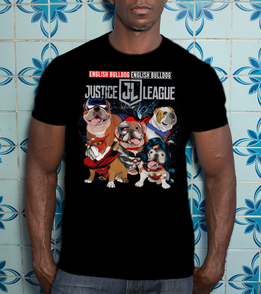 Justice League English Bulldog Superhero Team DH 55 T-Shirt