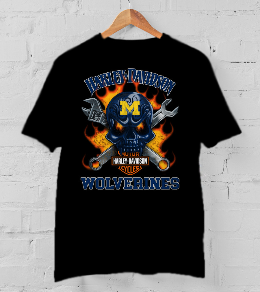 Harley Davidson Michigan Wolverines Skull Flames T-Shirt