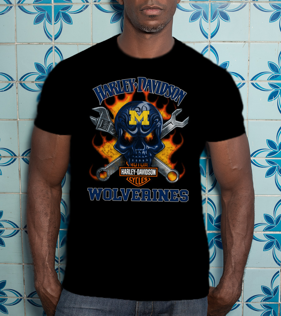 Harley Davidson Michigan Wolverines Skull Flames T-Shirt