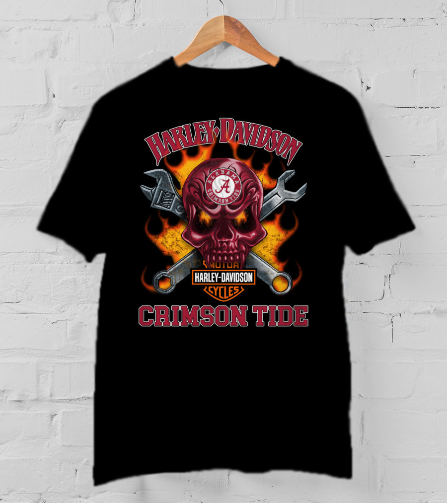 Harley Davidson Alabama Crimson Tide Skull With Wrenches And Flames T-Shirt