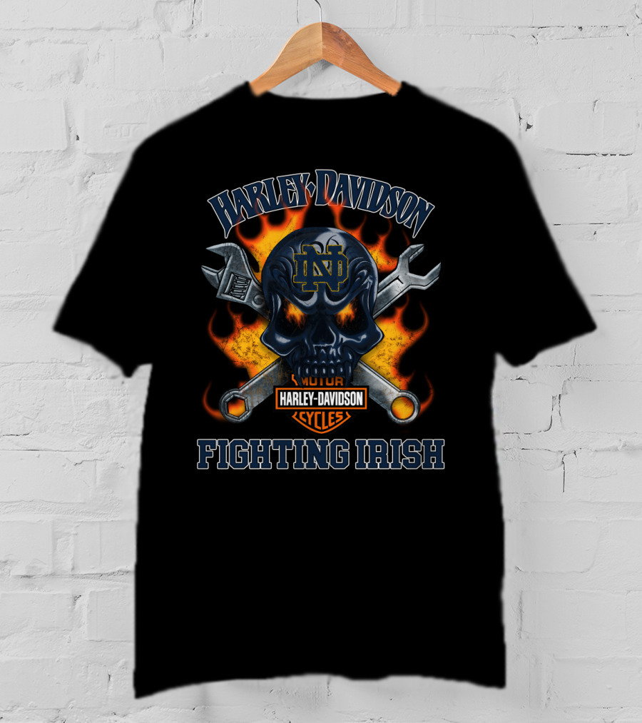 Harley Davidson Fighting Irish Notre Dame Nd Skull Wrench Flames T-Shirt