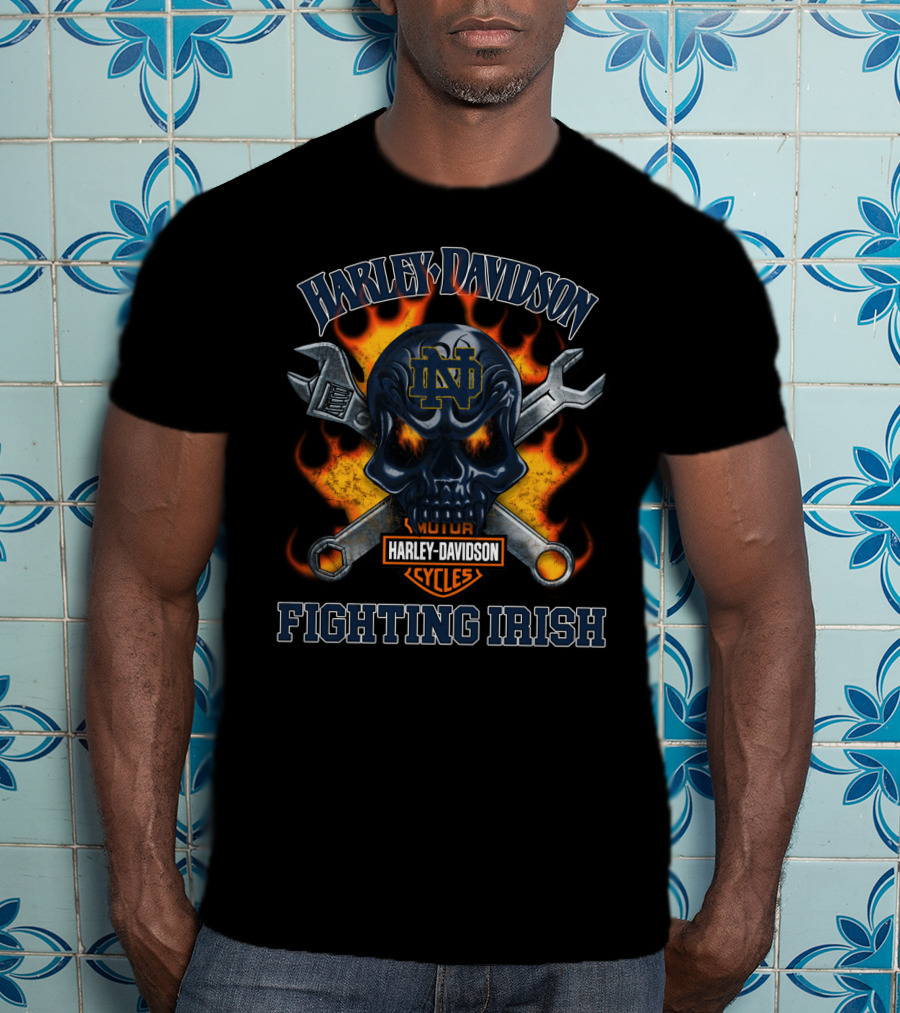 Harley Davidson Fighting Irish Notre Dame Nd Skull Wrench Flames T-Shirt