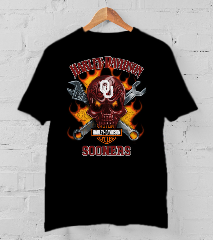 Harley Davidson Motor Cycles Oklahoma Sooners Ou Skull Wrenches Flames T-Shirt