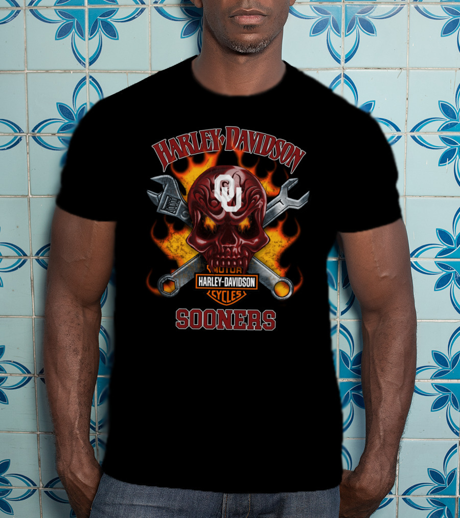 Harley Davidson Motor Cycles Oklahoma Sooners Ou Skull Wrenches Flames T-Shirt