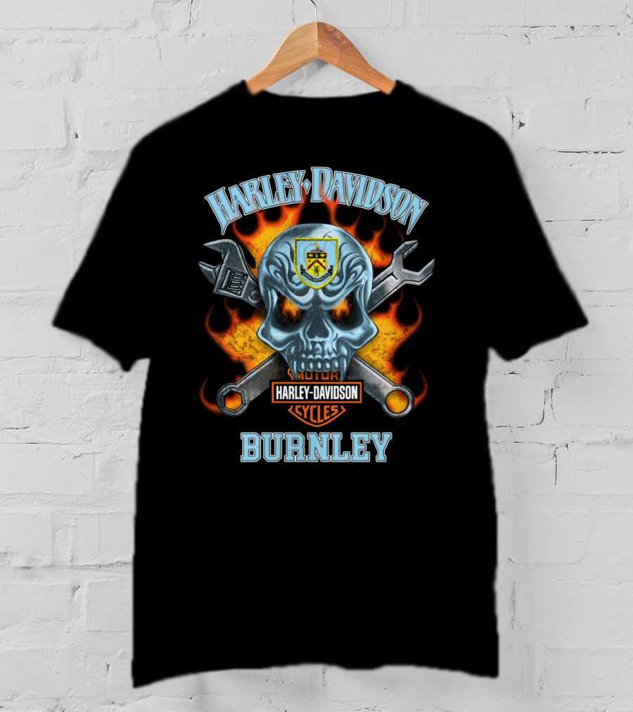 Harley Davidson Motor Cycles Burnley Skull And Tools Flames T-Shirt