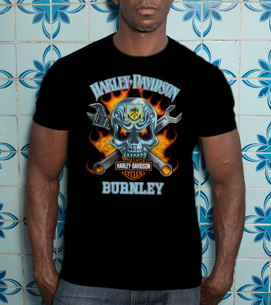 Harley Davidson Motor Cycles Burnley Skull And Tools Flames T-Shirt