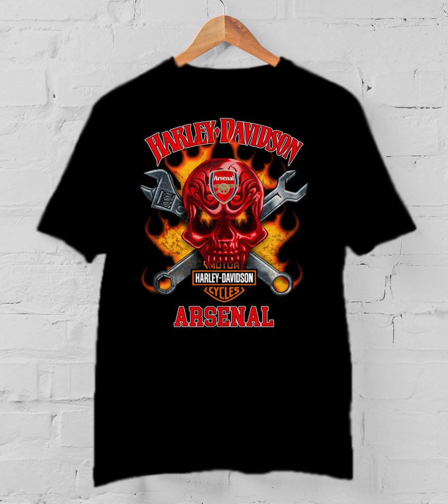 Harley Davidson Motor Cycles Arsenal Skull Wrench Flame T-Shirt