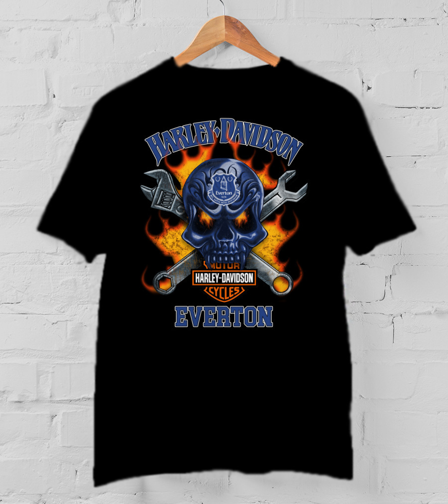 Harley Davidson Motor Cycles Everton Flaming Skull Cross Wrenches T-Shirt