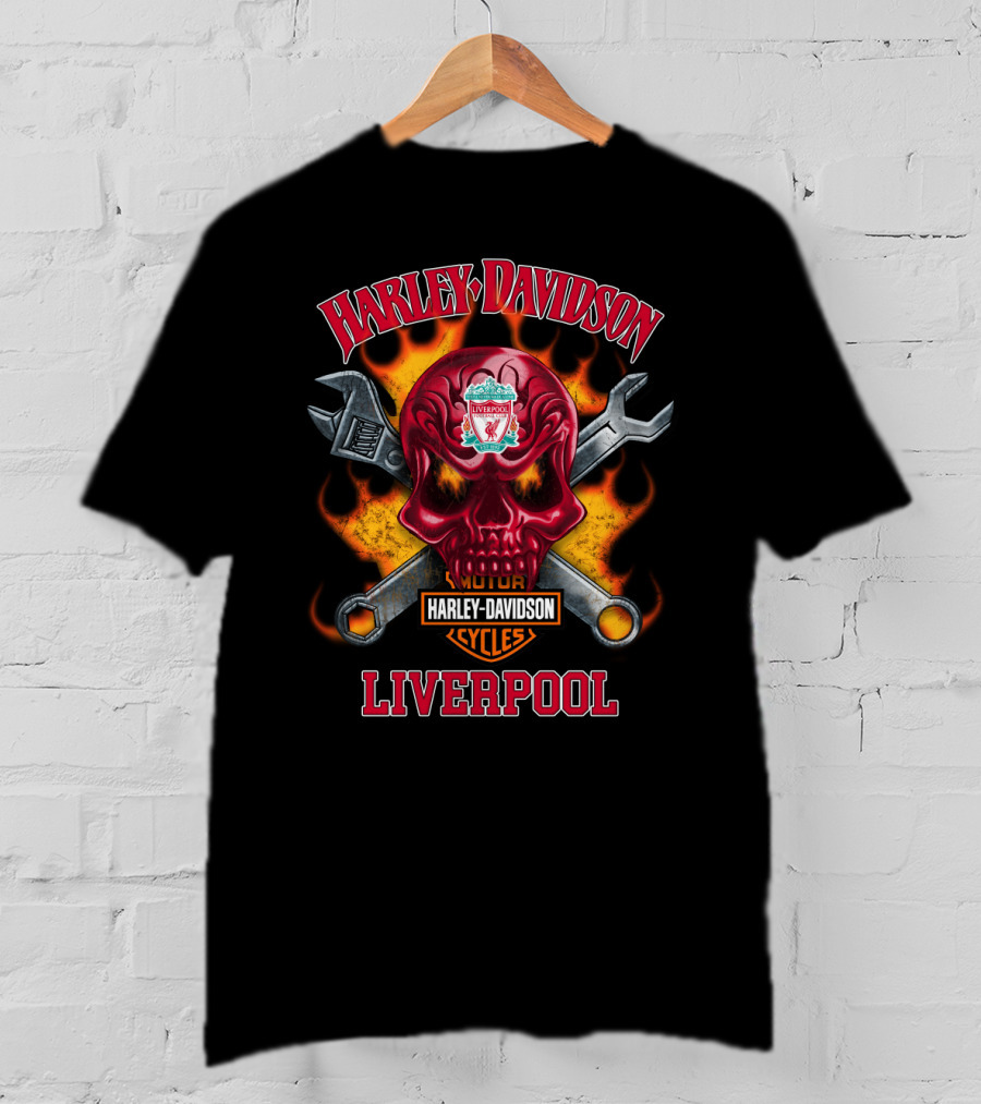Harley Davidson Motorcycle Cycles Liverpool Skull Wrench Flames T-Shirt