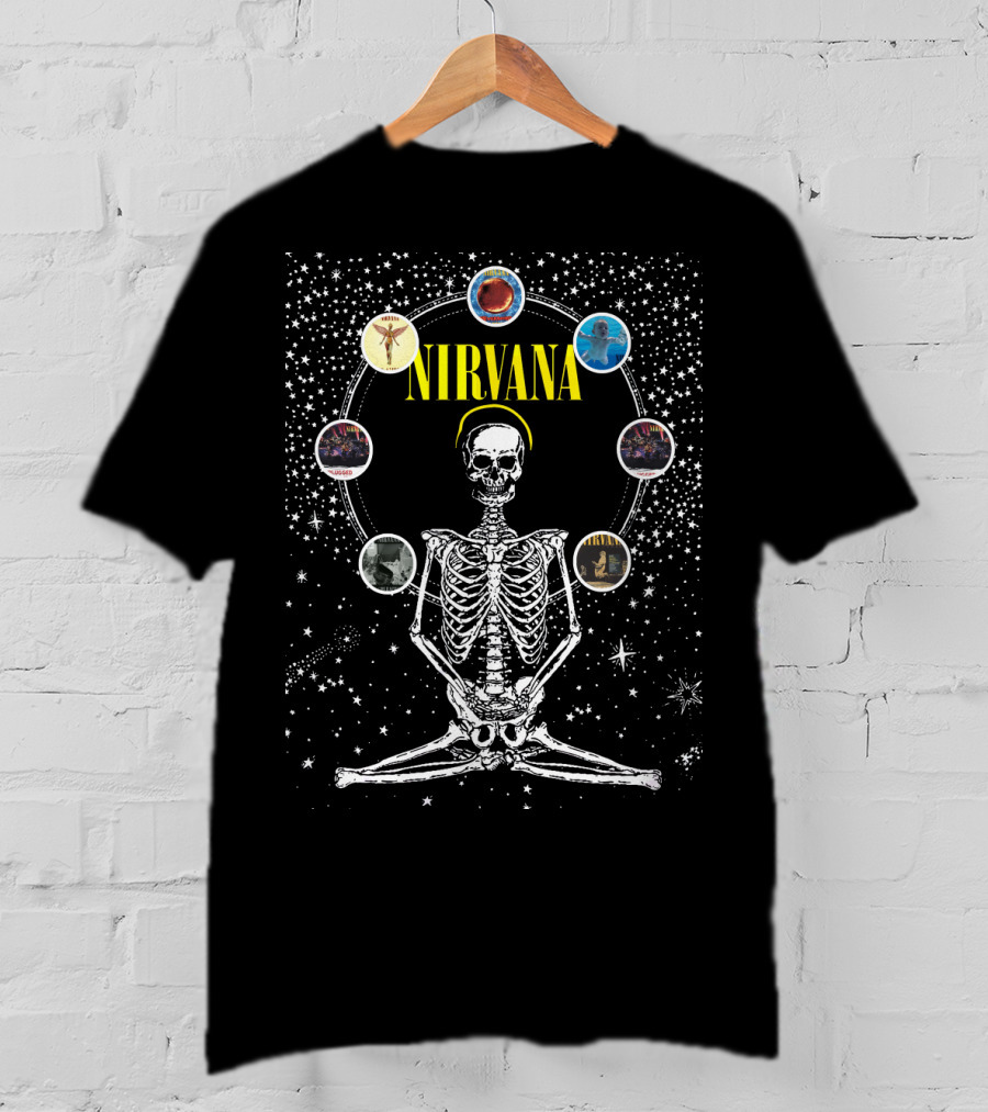 Nirvana Skeleton Meditation Album Circle Cosmic Art T-Shirt