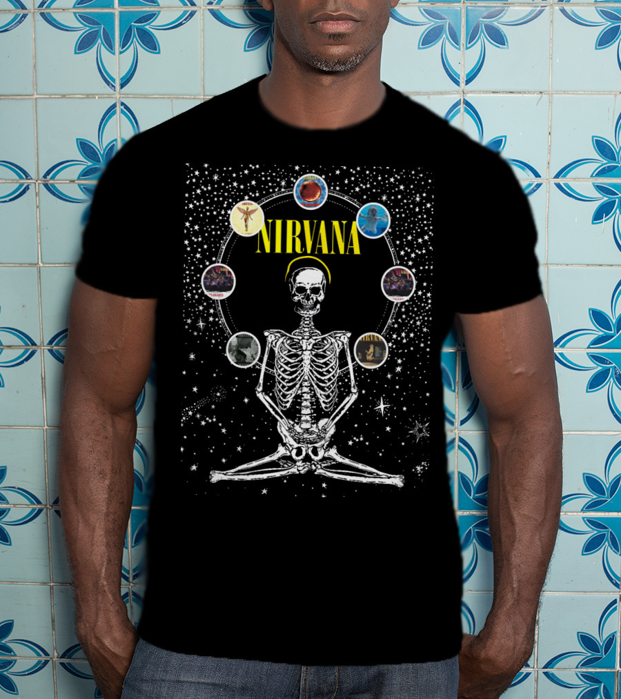 Nirvana Skeleton Meditation Album Circle Cosmic Art T-Shirt