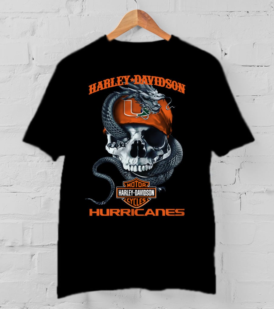 Harley Davidson Miami Hurricanes Skull With Snake And U T-Shirt