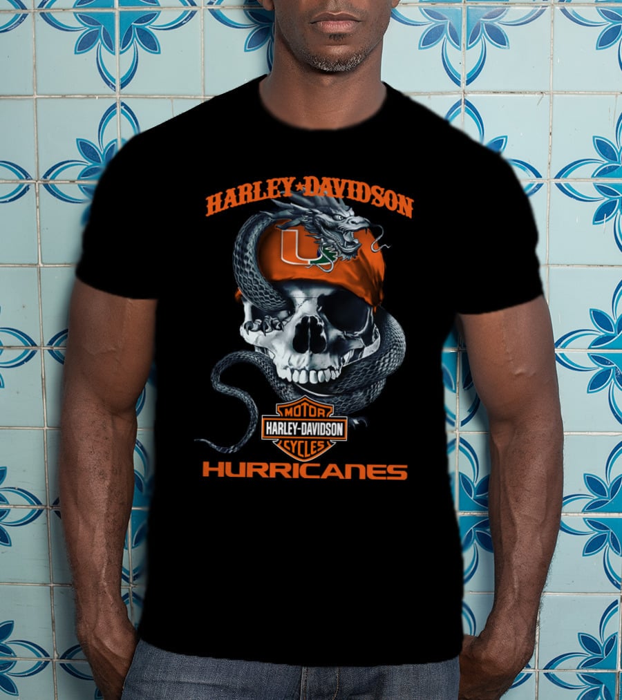 Harley Davidson Miami Hurricanes Skull With Snake And U T-Shirt