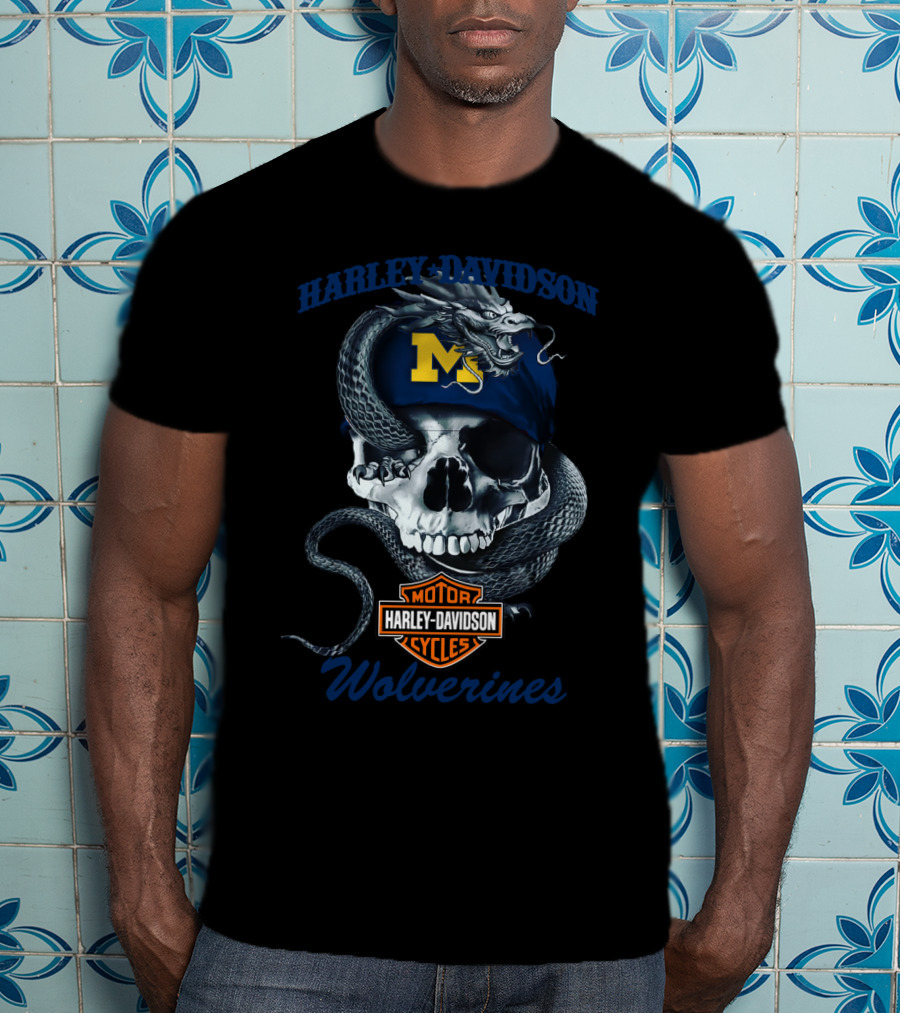 Harley Davidson Michigan Wolverines Skull Dragon Motor Cycles T-Shirt