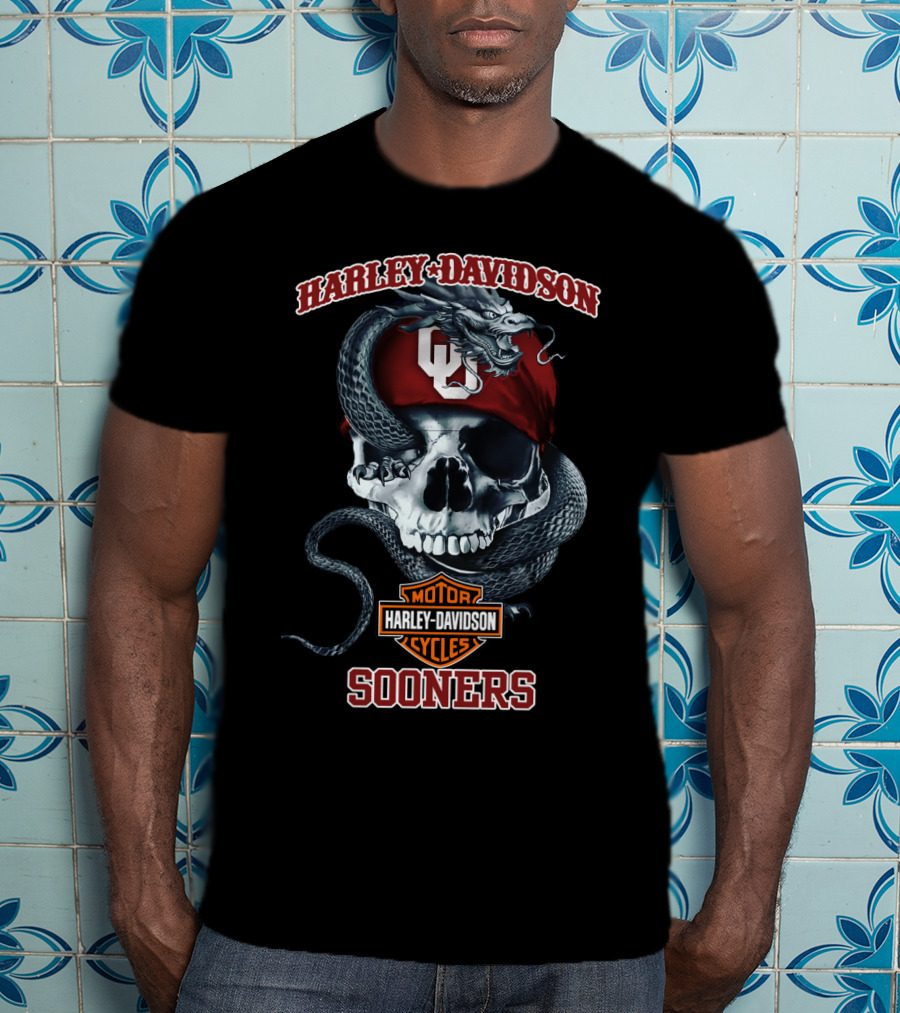 Harley Davidson Oklahoma Sooners Skull With Snake And Ou Cap T-Shirt