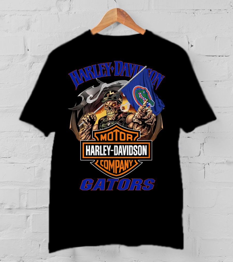 Harley Davidson Gators Skeleton With Florida Gators Flag T-Shirt
