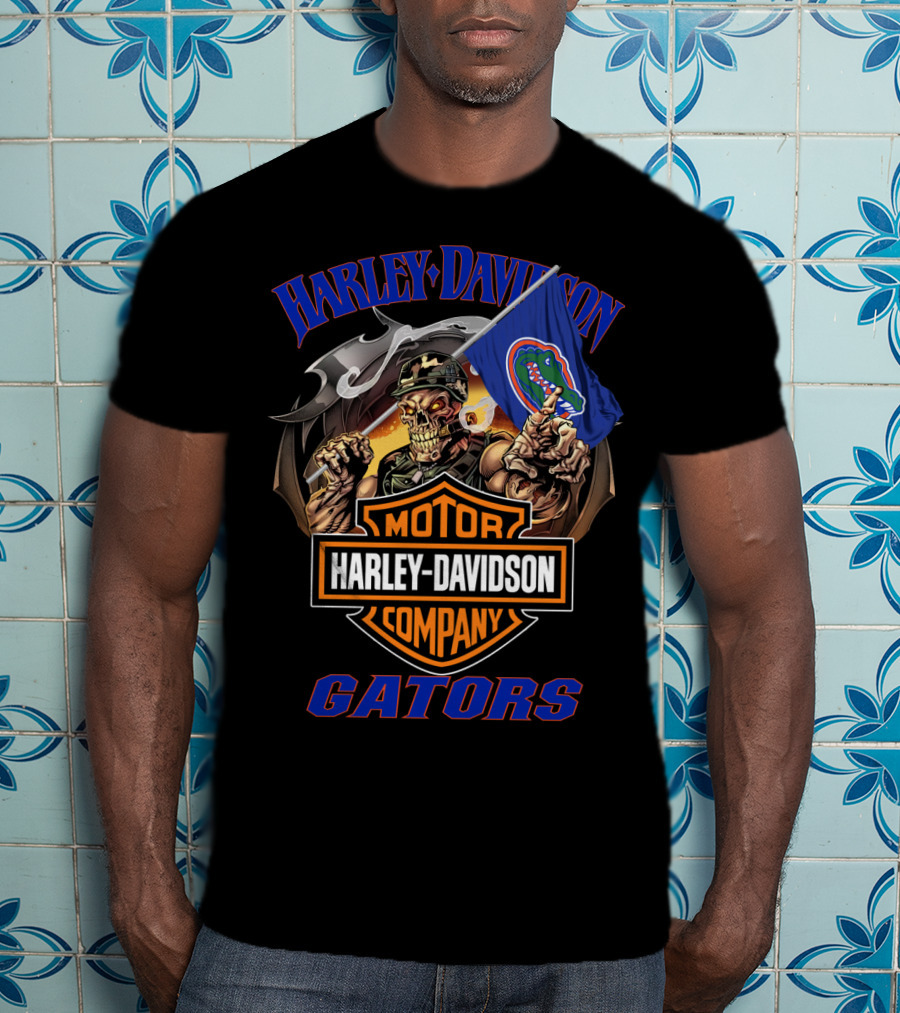 Harley Davidson Gators Skeleton With Florida Gators Flag T-Shirt