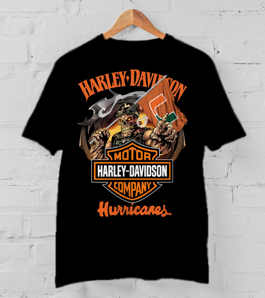 Harley Davidson Motor Company Hurricanes Miami Skeleton Flag T-Shirt