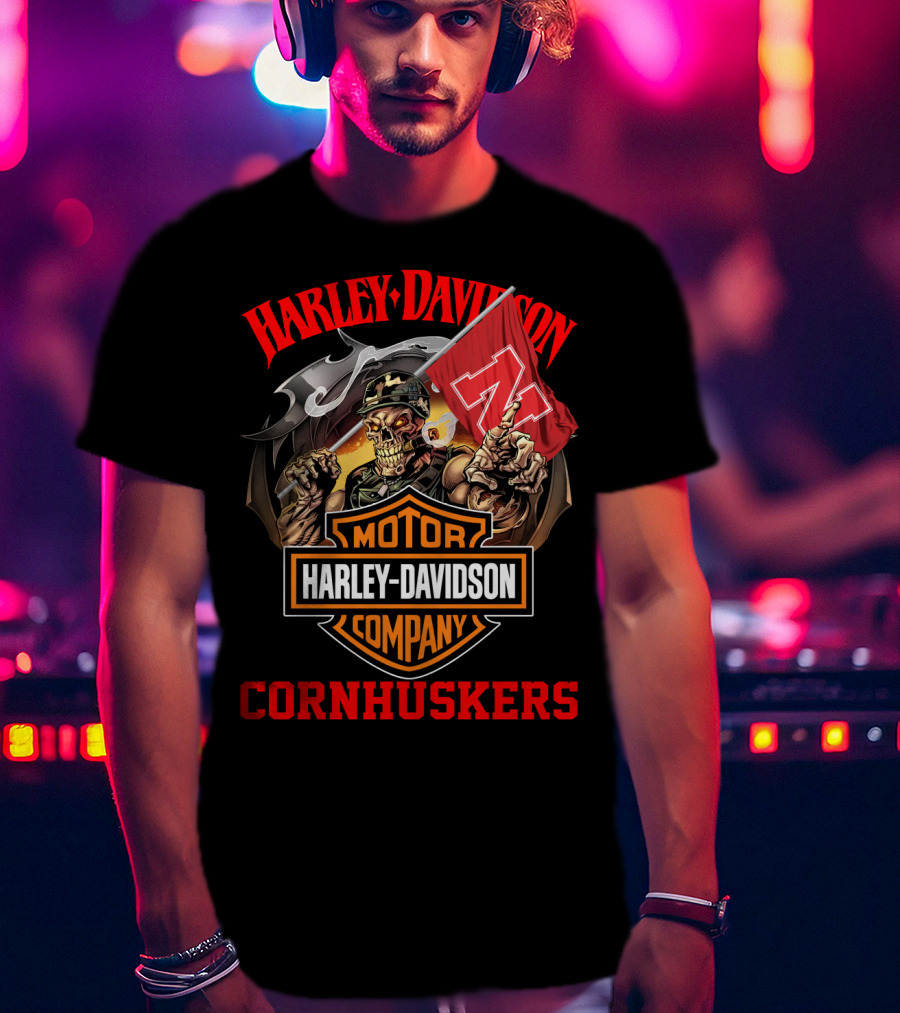 Harley Davidson Company Cornhuskers Skeleton With Nebraska Flag T-Shirt