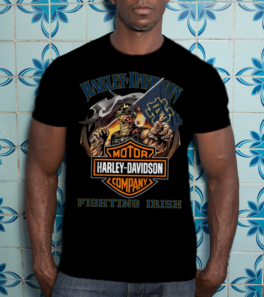 Harley Davidson Motor Company Fighting Irish Skeleton Notre Dame Flag T-Shirt