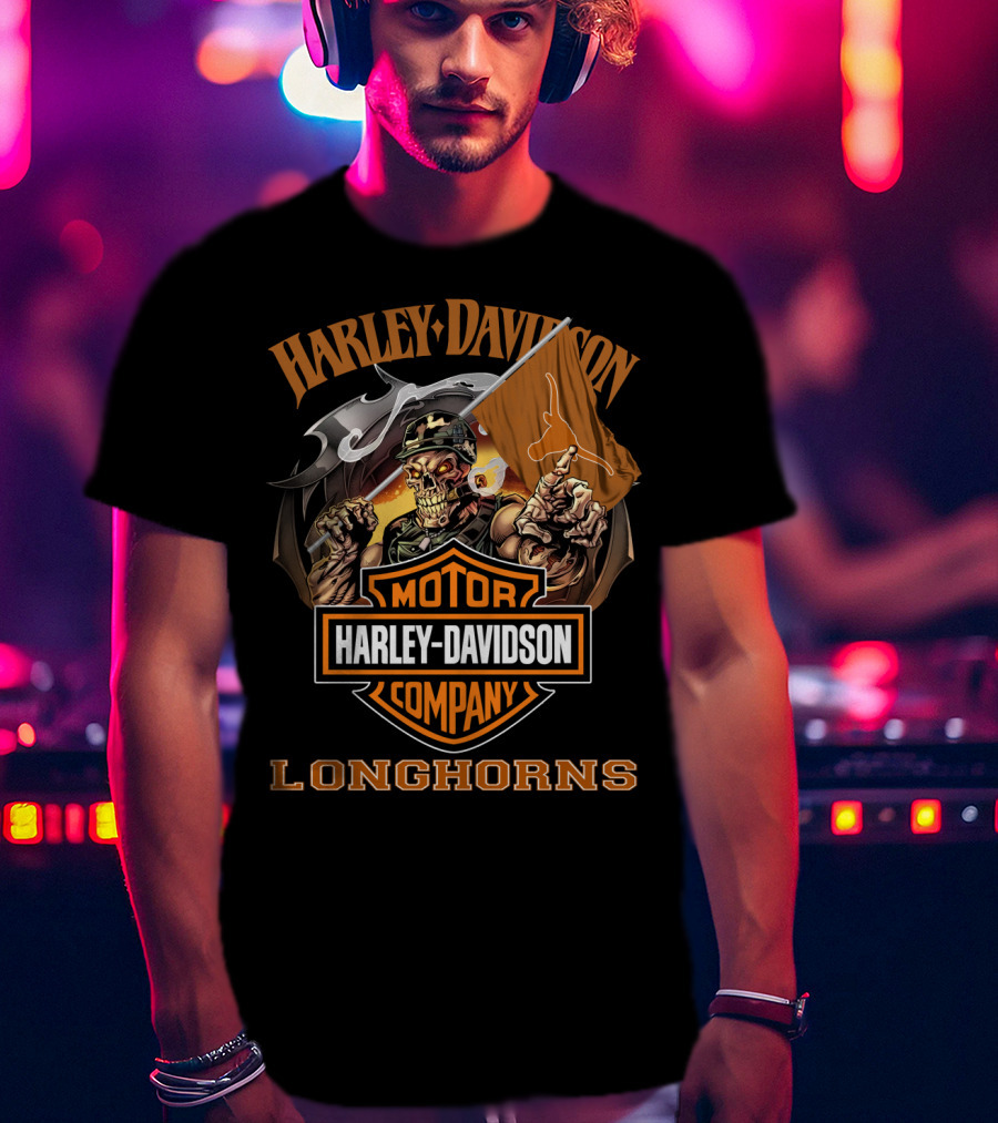 Harley Davidson Motor Company Longhorns Texas Skeleton Flag T-Shirt