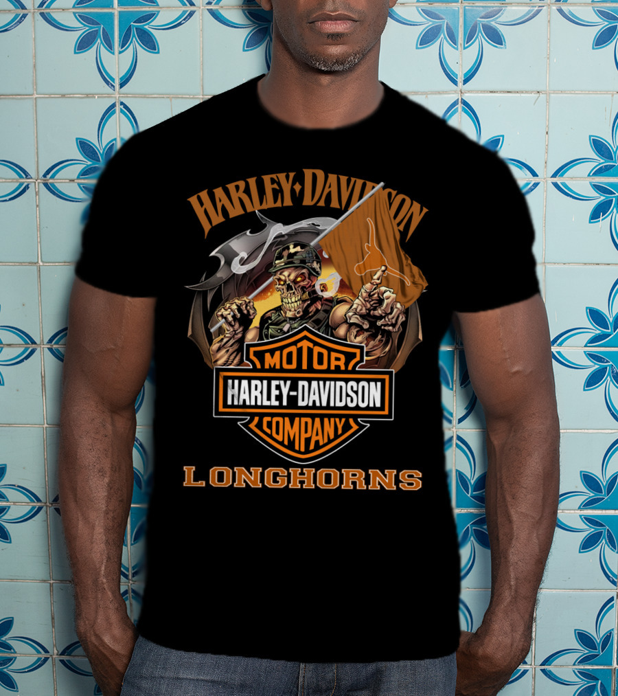Harley Davidson Motor Company Longhorns Texas Skeleton Flag T-Shirt