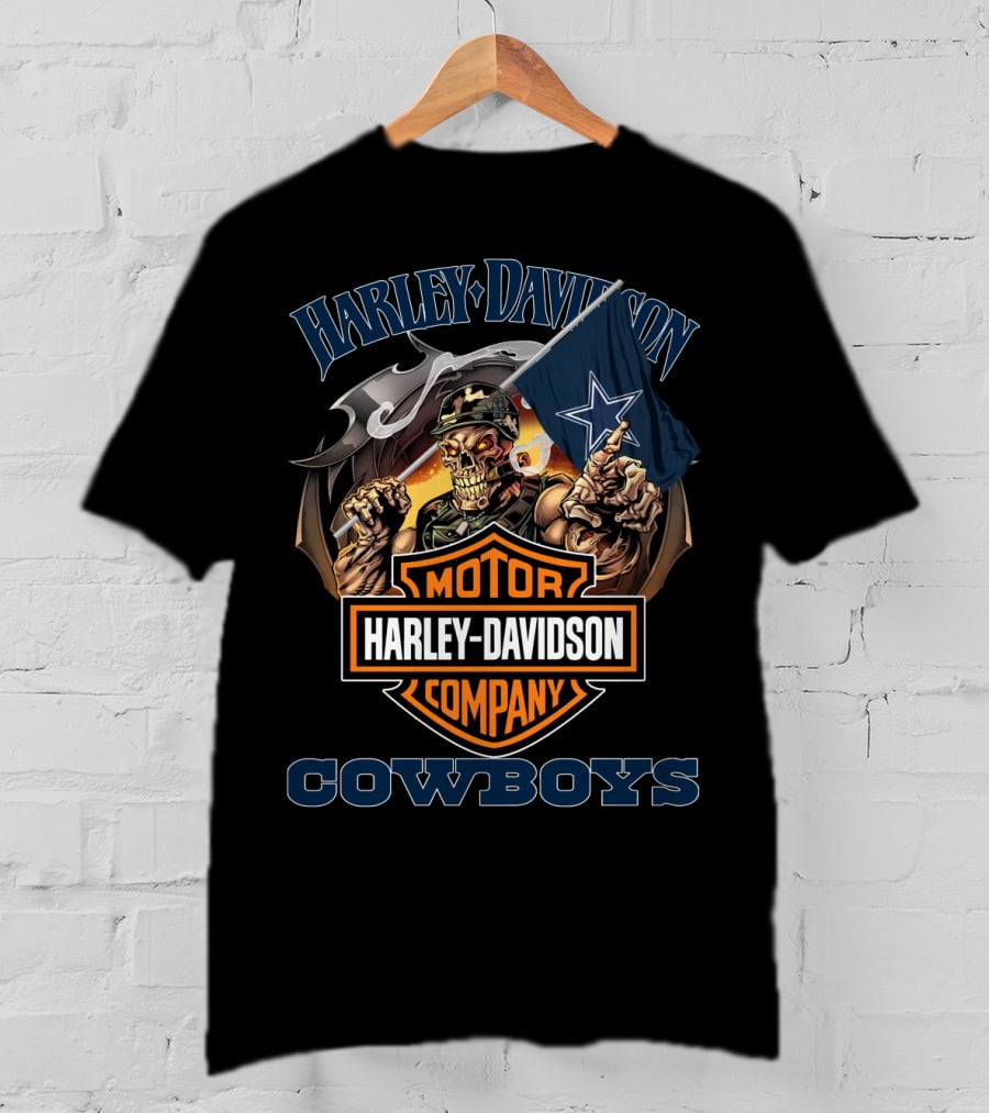 Harley Davidson Motor Company Cowboys Dallas Flag Skeleton T-Shirt