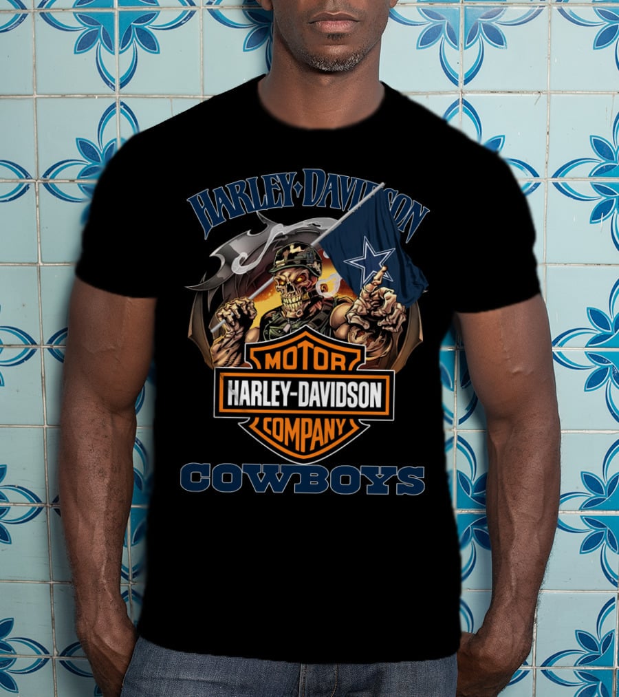 Harley Davidson Motor Company Cowboys Dallas Flag Skeleton T-Shirt