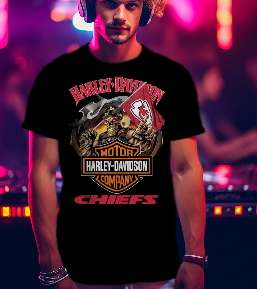 Harley Davidson Company Chiefs Kansas City Flag Skeleton Rider T-Shirt