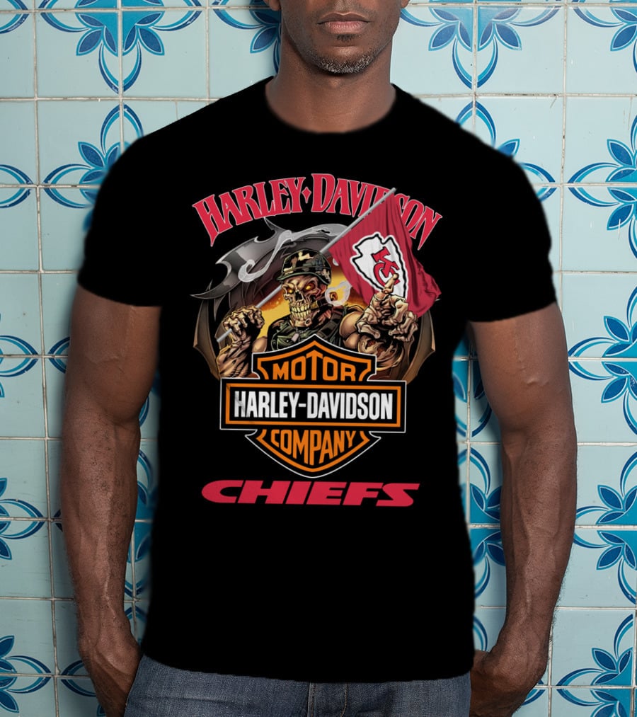 Harley Davidson Company Chiefs Kansas City Flag Skeleton Rider T-Shirt