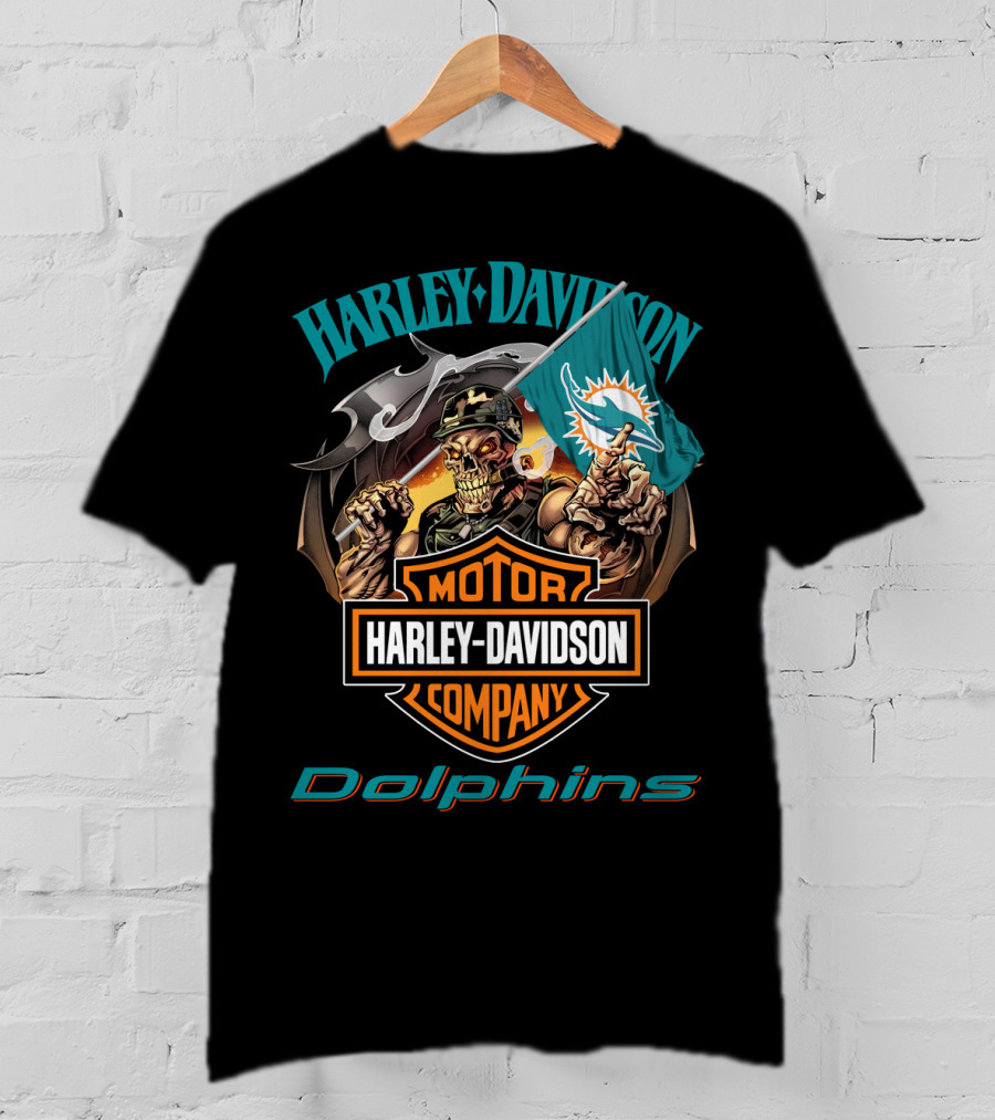 Harley Davidson Miami Dolphins Skeleton Holding Flag T-Shirt