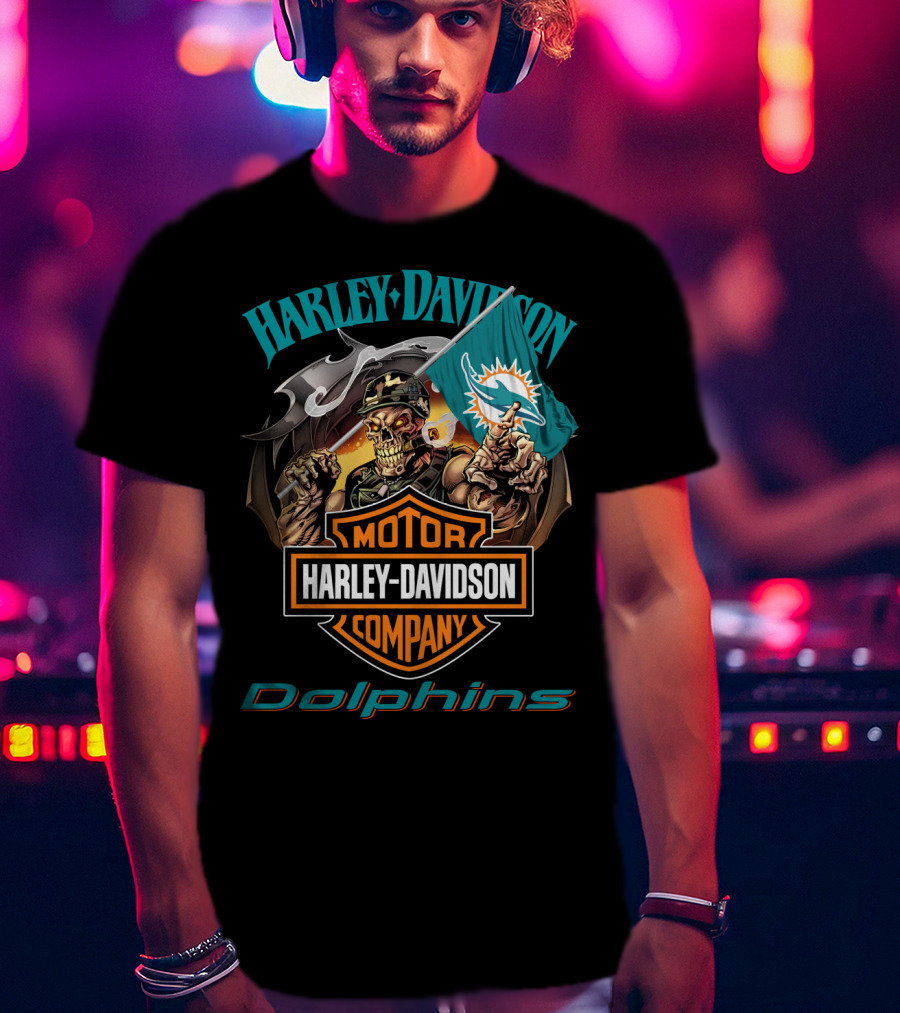Harley Davidson Miami Dolphins Skeleton Holding Flag T-Shirt