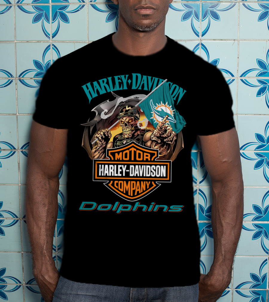 Harley Davidson Miami Dolphins Skeleton Holding Flag T-Shirt