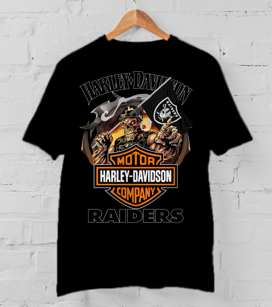 Harley Davidson Raiders Skeleton Holding Flag T-Shirt