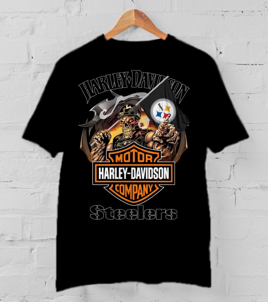 Harley Davidson Company Steelers Skull Holding Pittsburgh Flag T-Shirt