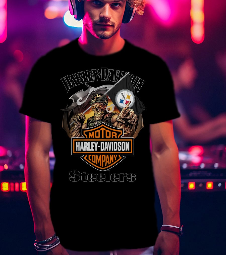 Harley Davidson Company Steelers Skull Holding Pittsburgh Flag T-Shirt