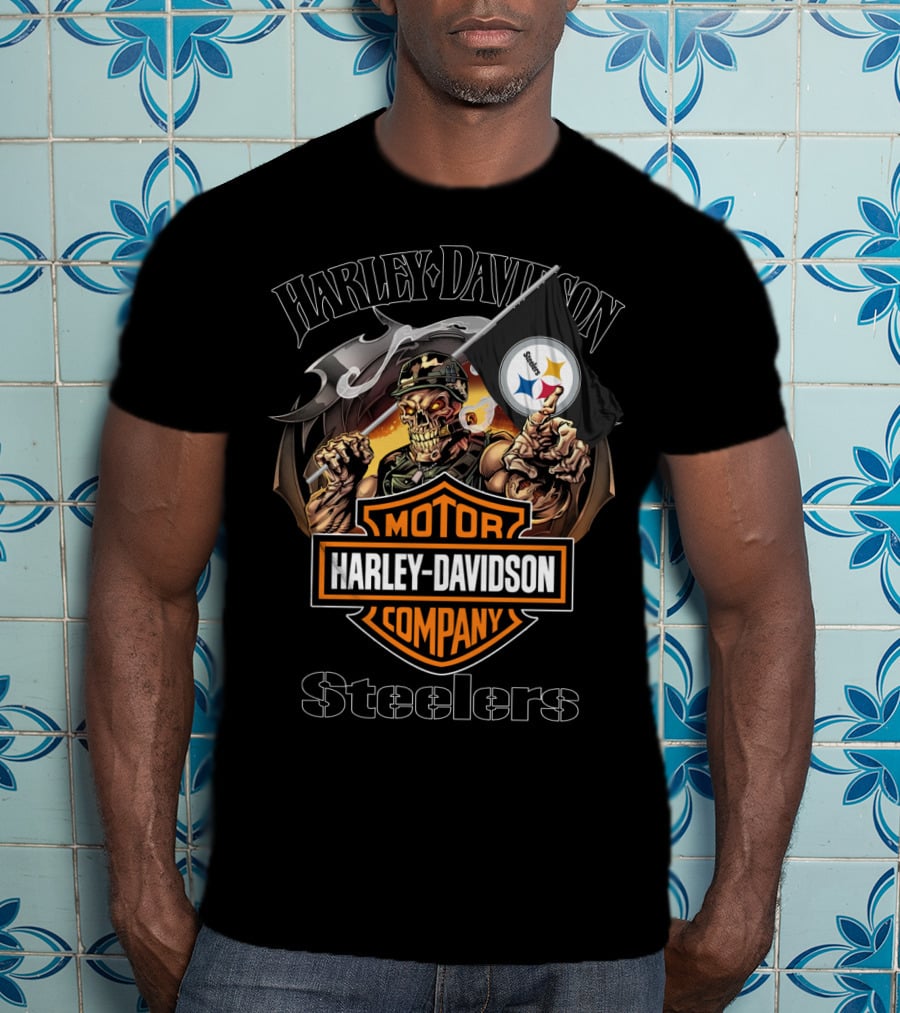 Harley Davidson Company Steelers Skull Holding Pittsburgh Flag T-Shirt