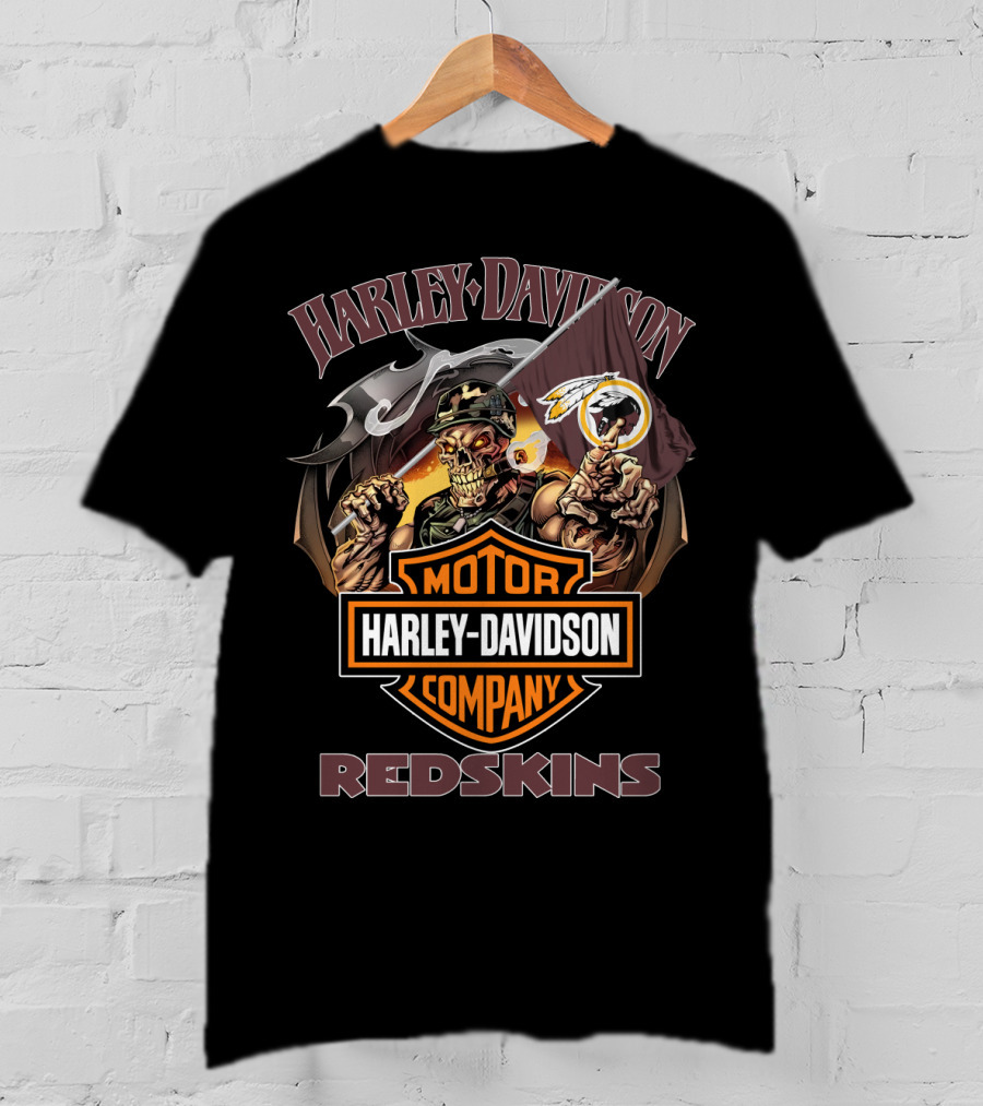 Harley Davidson Redskins Skeleton Holding Flag T-Shirt