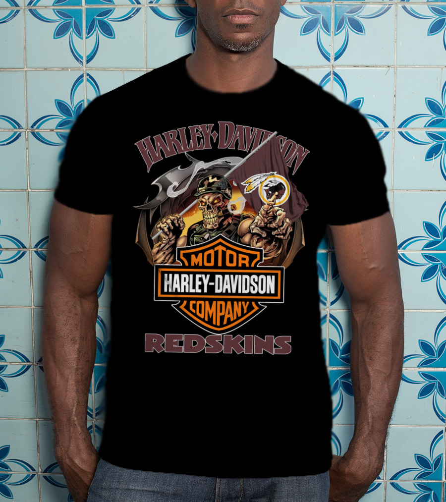 Harley Davidson Redskins Skeleton Holding Flag T-Shirt